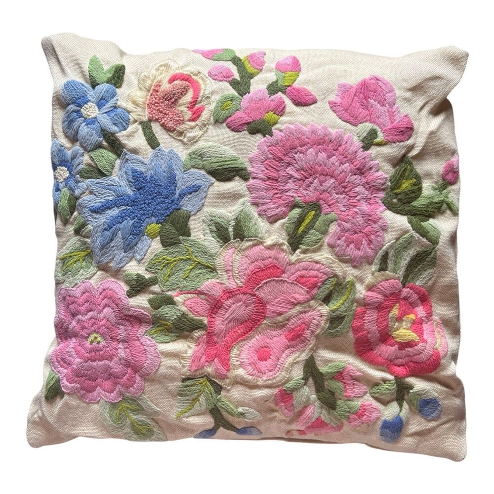 Vintage Crewel Hand Embroidered Floral Throw Pillow 13" Square Cottagecore Boho